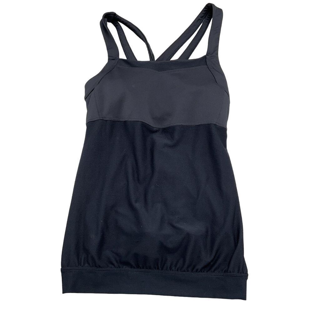 Athleta Tankini Top Women Medium Black Blouson‎ Mesh Double Cross Pads Bra Swim